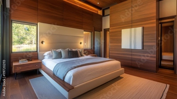Fototapeta Warmly lit modern bedroom with wood-paneled walls, focusing on a cozy and stylish design for a serene retreat.