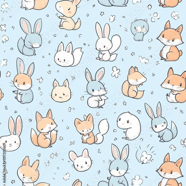 Fototapeta Adorable woodland animals texture pattern with bunnies and foxes