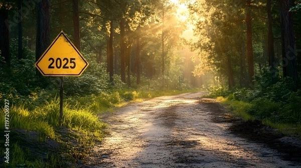 Fototapeta Yellow diamond road sign displaying "2025" stands along forest path with tall pine trees. Golden sunlight streams through woods, illuminating winding dirt road in dramatic morning atmosphere.
