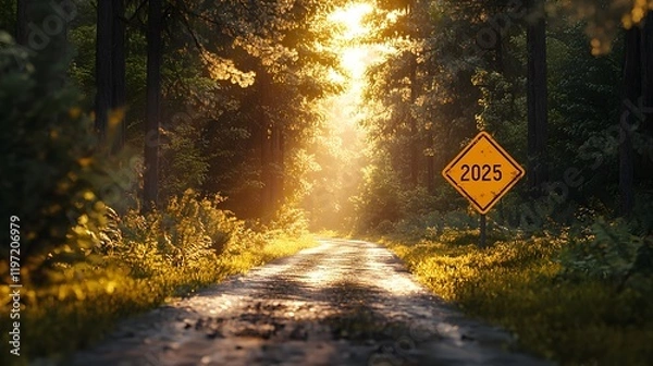 Fototapeta Yellow diamond road sign displaying "2025" stands along forest path with tall pine trees. Golden sunlight streams through woods, illuminating winding dirt road in dramatic morning atmosphere.