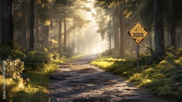 Fototapeta Yellow diamond road sign displaying "2025" stands along forest path with tall pine trees. Golden sunlight streams through woods, illuminating winding dirt road in dramatic morning atmosphere.