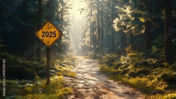 Fototapeta Yellow diamond road sign displaying "2025" stands along forest path with tall pine trees. Golden sunlight streams through woods, illuminating winding dirt road in dramatic morning atmosphere.