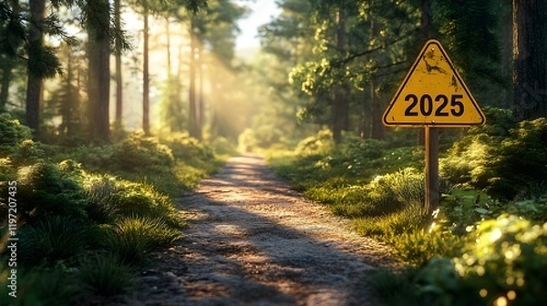 Fototapeta Yellow diamond road sign displaying "2025" stands along forest path with tall pine trees. Golden sunlight streams through woods, illuminating winding dirt road in dramatic morning atmosphere.
