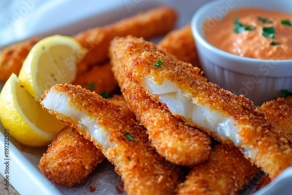 Fototapeta Crispy golden fish sticks served with zesty dipping sauce and fresh lemon slices