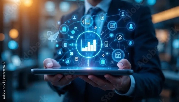 Fototapeta Businessman hand touching digital tablet screen, internet connection, global technology concept
