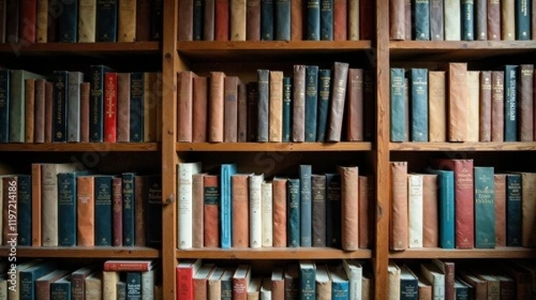 Fototapeta A well-organized collection of antique books displayed on wooden shelves, showcasing a variety of colors and sizes, creating an atmosphere of quiet study and intellectual pursuit