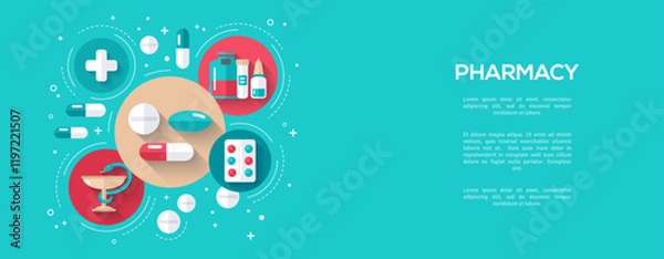 Fototapeta Pharmacy Poster With Flat Icons. Vector illustration for medical or healthcare presentation, document cover and layout template design. Drugs and Pills, Lab Tests, Medication Concept