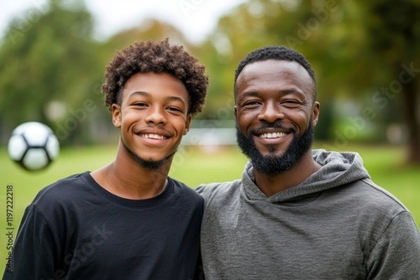 Fototapeta Happy black father and daughter enjoy by bonfire while camping in woods. Generative AI