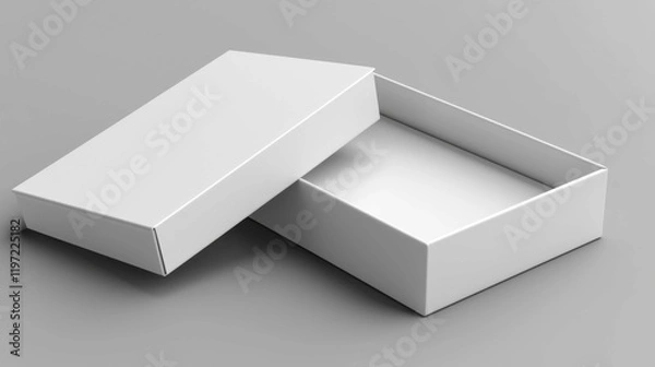 Fototapeta A minimalist white box mockup with a separate lid shown on a gray background, ideal for showcasing branding and packaging designs.