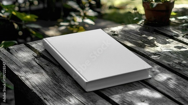 Fototapeta A blank book lies on a rustic wooden table surrounded by lush green foliage, suggesting a peaceful outdoor reading environment.