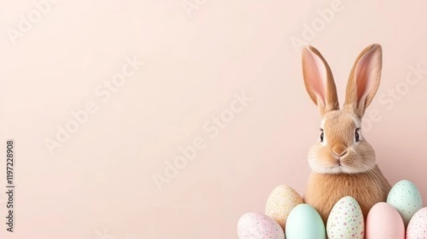 Fototapeta Hovering Easter eggs, fluffy white bunny in the foreground, soft peach background, open yellow space for promotional text.