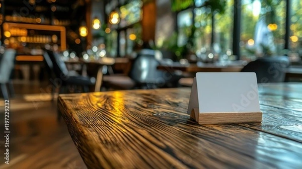 Fototapeta A minimal table setting in a modern restaurant with natural wood textures. The focus is on a blank card holder and a stylish ambiance created by the decor.