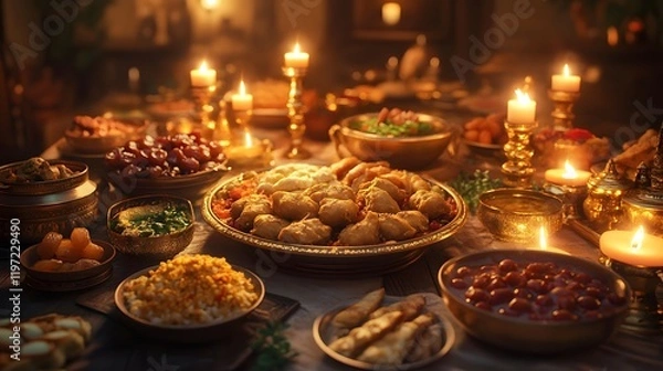Fototapeta A beautifully arranged feast with various dishes and candles, creating a warm atmosphere.