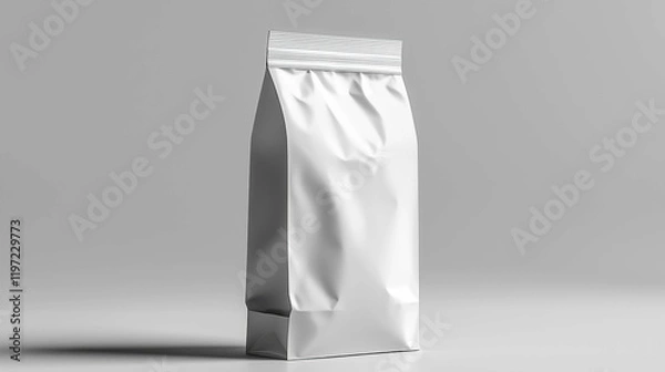 Fototapeta A blank white packaging bag standing upright on a smooth surface, showcasing a minimal and professional design suitable for branding.