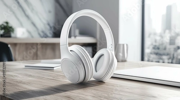 Fototapeta A pair of modern white headphones rests on a clean wooden desk in a stylish office environment, showcasing a minimal and professional aesthetic.