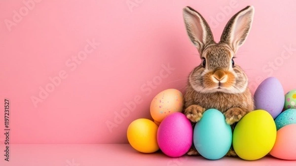 Fototapeta Hovering Easter eggs, fluffy white bunny in the foreground, soft peach background, open yellow space for promotional text.