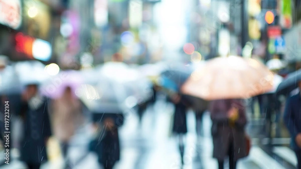 Fototapeta urban autumn blurred background, rain weather in the city crowd of people and umbrellas, beautiful abstract city