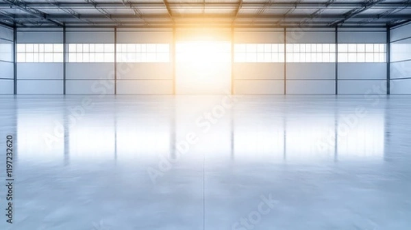 Fototapeta A large, empty warehouse with a sun shining through a window