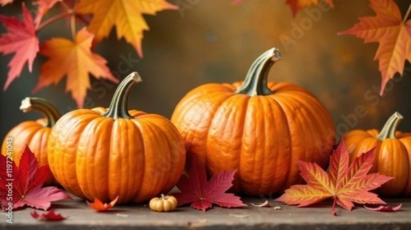 Fototapeta Autumnal Still Life Featuring a Trio of Vibrant Pumpkins Nestled Amongst Autumn Leaves on a Rustic Wooden Surface