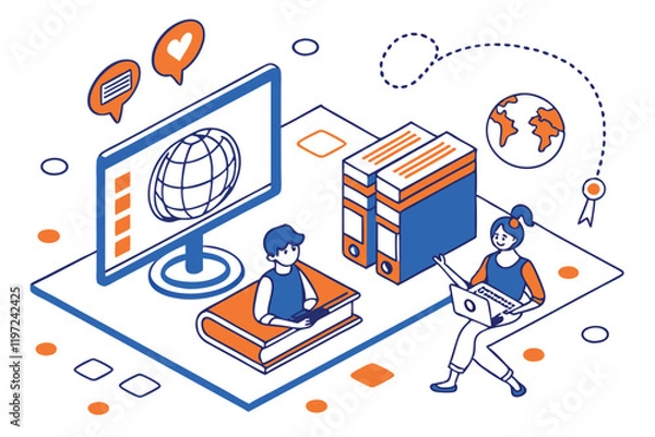 Fototapeta Flat illustration, online education, e-learning platform, digital classroom, desktop computer, globe, books, colorful icons, social media symbols, diverse students, modern learning environment, blue a