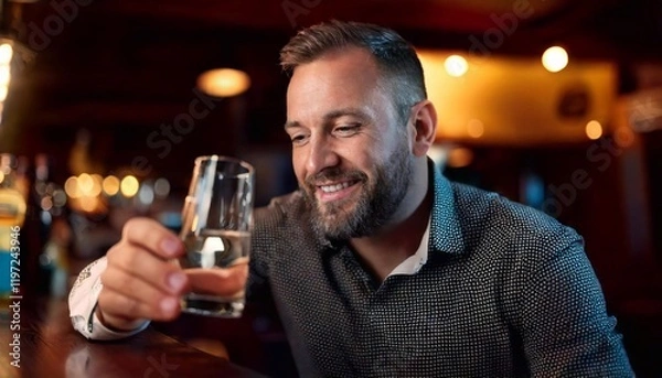Fototapeta Man enjoys a drink at a bar while relaxing in a lively atmosphere
