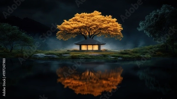 Obraz A Majestic Tree with Vibrant Yellow Leaf Standing Tall Against a Clear Blue Sky Evoking Feelings of Autumn Serenity and Natural Beauty in the Landscape