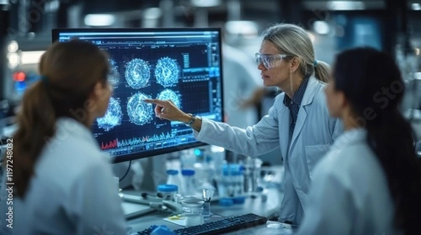 Obraz In a vibrant laboratory, an experienced scientist discusses visual data with two colleagues, showcasing teamwork and innovation in research.