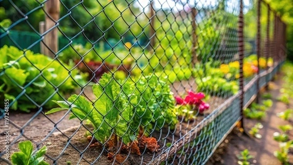 Fototapeta Urban garden security: a documentary image of a wire mesh fence protecting precious vegetables.