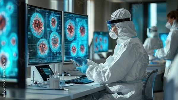 Obraz A focused scientist in protective gear reviews data on multiple screens showing viruses in a modern laboratory. The individual is engaged in crucial research.