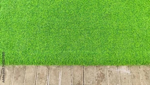 Fototapeta Bright Green Synthetic Grass Adjacent to Stone-Paved Walkway or Patio