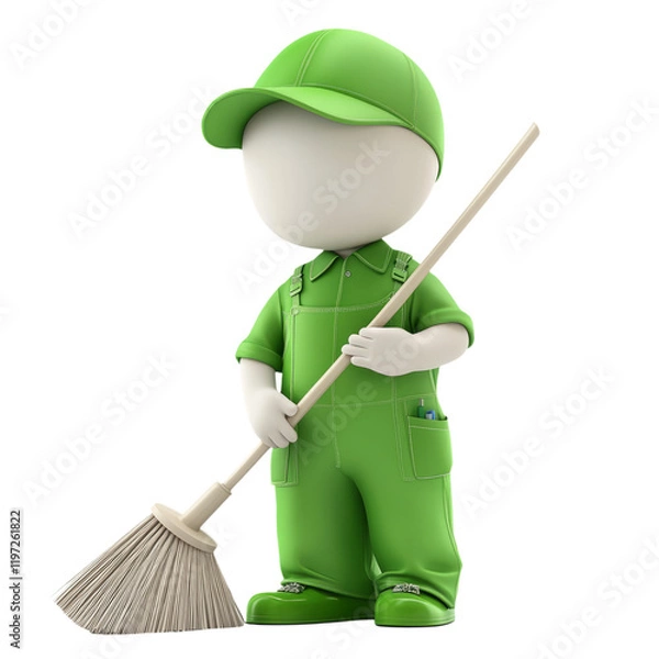 Obraz 3D Character of Small Person in Green Uniform Holding Broom