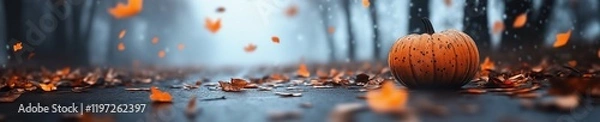 Fototapeta Vibrant autumn landscape with fallen leaves and a pumpkin on the road at dusk