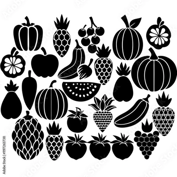 Fototapeta A collection of silhouette icons of various fruits and vegetables is arranged in rows 