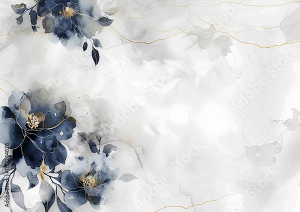 Obraz white marble background with navy blue and gold floral accents, framed by thin golden borders suitable as a wedding invitation card template or cover
