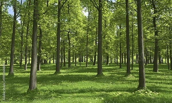 Fototapeta Sunlit green forest floor with tall trees, ideal for nature backgrounds
