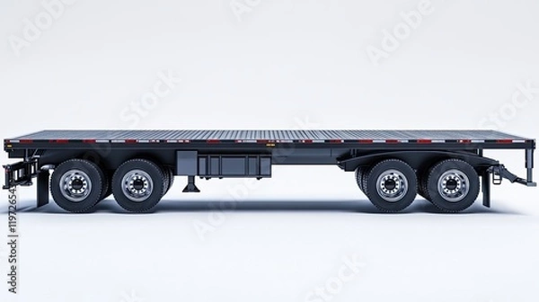 Fototapeta Empty flatbed semi-truck trailer on white background, industrial transport, 3D rendering, commercial use