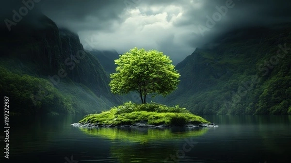 Obraz Lone Tree Flourishing on Serene Island Surrounded by Calm Waters Creating a Peaceful and Picturesque Natural Scene in a Tranquil Environment