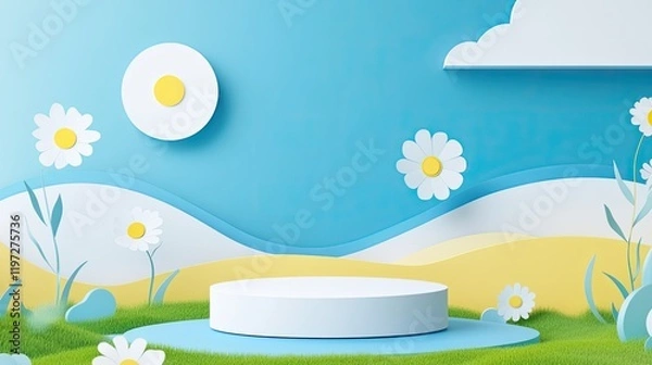 Fototapeta Pastel-colored 3D product display podium with daisies and clouds