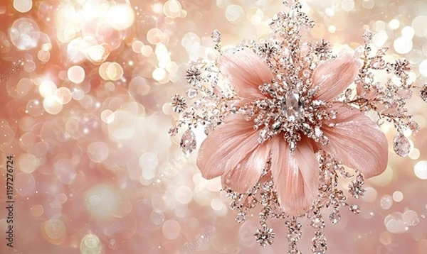 Fototapeta Peach fabric flower with diamond accents on sparkling bokeh background, ideal for wedding or fashion