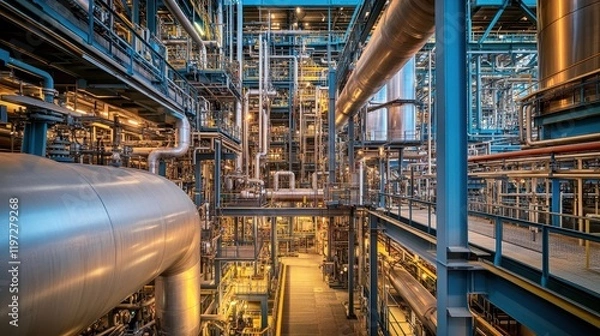 Fototapeta A detailed view of the industrial boiler's construction and piping, showcasing the engineering required for a petrochemical facility.