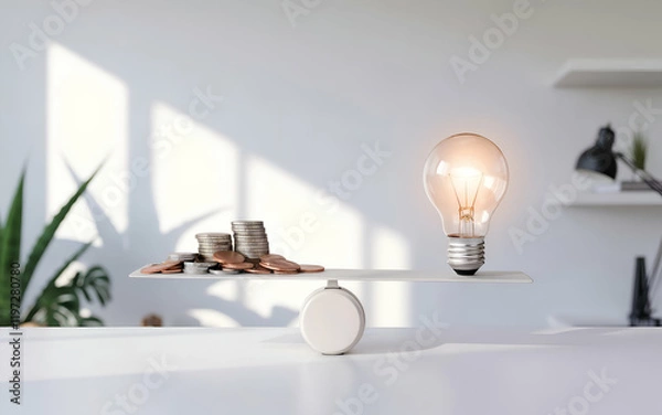 Obraz Balancing Money and Bright Ideas. Conceptual image of a seesaw balancing coins and a glowing light bulb, symbolizing the balance between finances and innovation in a modern workspace.