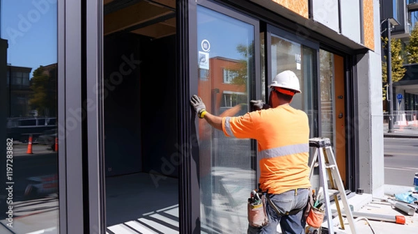 Obraz Worker installing and adjusting aluminum frame sliding terrace doors