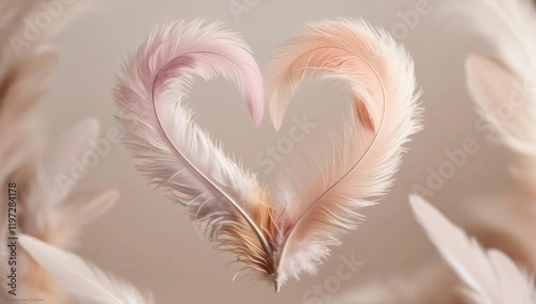 Obraz pink heart with feathers, pink heart on white, heart shaped feathers, space for text