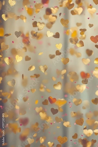 Obraz Glowing golden confetti, shimmering hearts, and luminous pink stardust in a romantic valentines day pattern