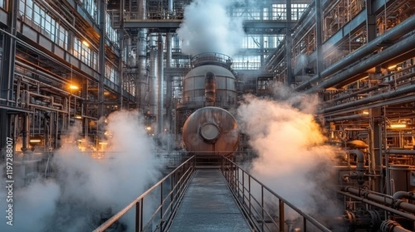Obraz A massive industrial boiler surrounded by intricate piping systems in a busy petrochemical facility, emitting steam into the atmosphere.