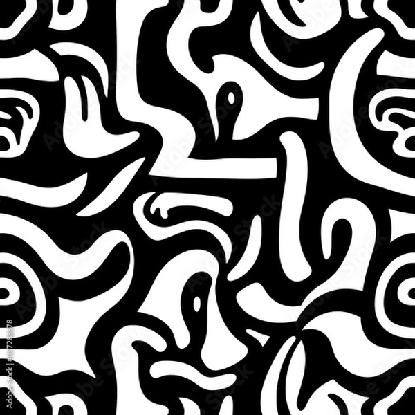 Fototapeta Abstract Monochrome Pattern: A dynamic, seamless pattern featuring bold, black and white abstract shapes that interlock and flow together creating a visually striking and modern design.  