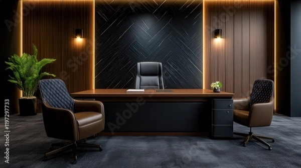 Fototapeta Modern Workspace with Cozy Desk Chair and Lush Green Plant Creating a Fresh and Inviting Atmosphere for Productivity and Relaxation in Office
