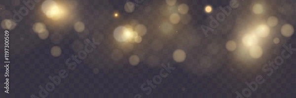 Fototapeta Bokeh background with soft golden light orbs on transparent grid, ideal for overlays and graphic design.
