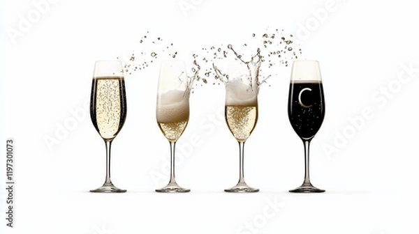 Fototapeta Champagne splash in four glasses, isolated on white background.