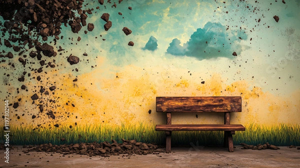 Fototapeta surreal scene featuring wooden bench against colorful wall, with dirt and rocks cascading from sky, creating striking contrast with grassy ground
